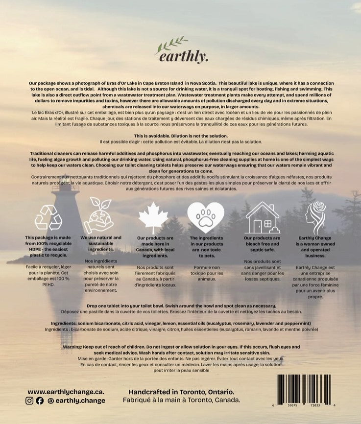 Back of Earthly Change toilet cleaning tablets pouch showing ingredients directions and eco friendly product benefits