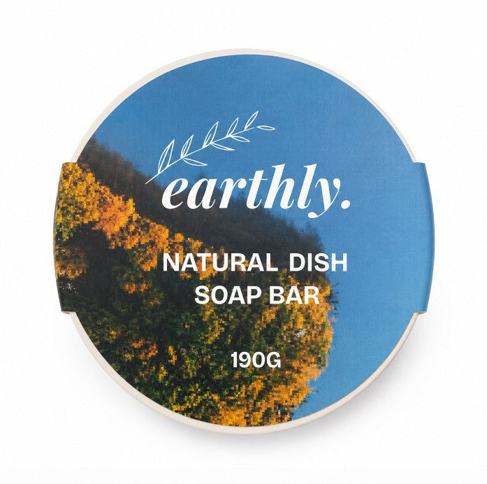 Earthly natural solid dish soap bar in reusable white ramekin made in Canada