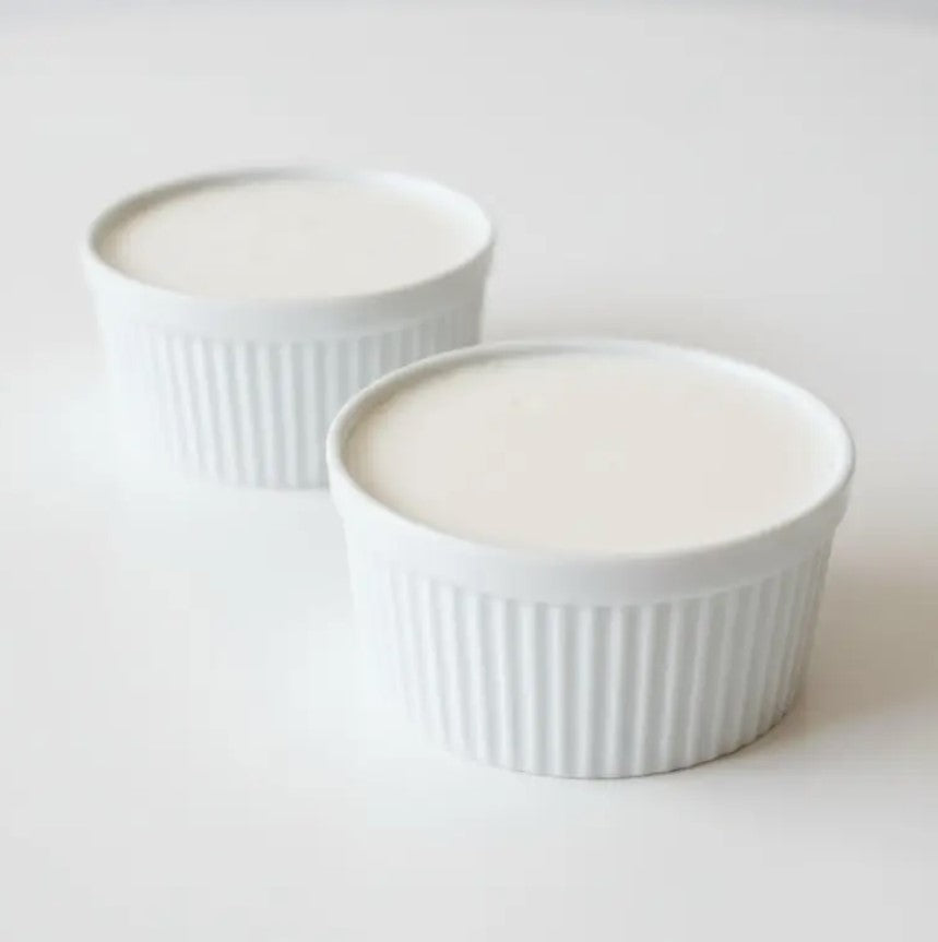 Two Earthly solid dish soap bars in reusable white ramekins for eco-friendly kitchens