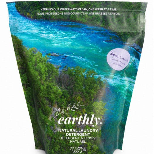 Earthly Sweet Lavender natural laundry detergent concentrate powder made in Canada eco friendly laundry soap pouch