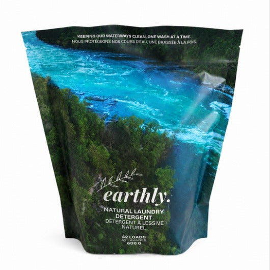 Earthly Natural Laundry Detergent Canadian made eco-friendly powder laundry soap in recyclable pouch on white background for low waste laundry routine