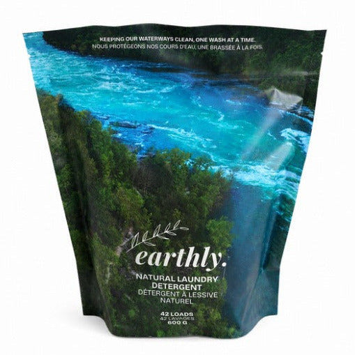 Earthly Natural Laundry Detergent Canadian made eco-friendly powder laundry soap in recyclable pouch on white background for low waste laundry routine
