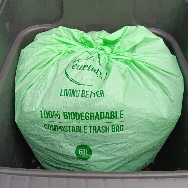Earthly Change 60L compostable garbage bags made from plant-based material, eco-friendly kitchen essential for zero waste