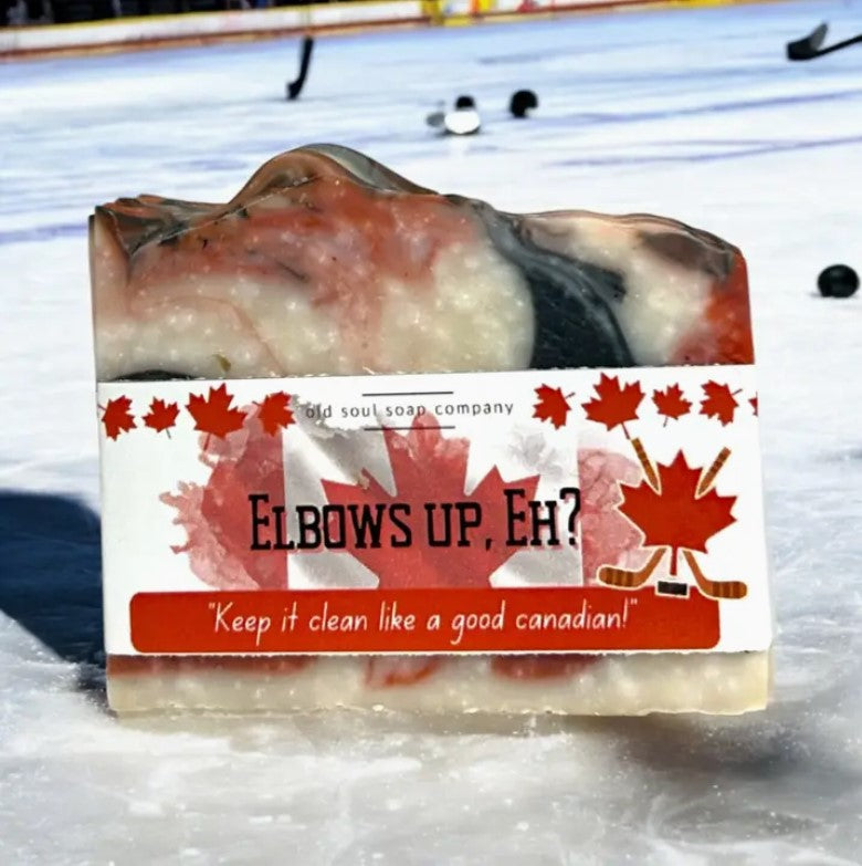 Elbows Up Eh Canadian soap bar from Old Soul Soap Company, vegan, rectangular shape, creamy beige color, textured surface, 4