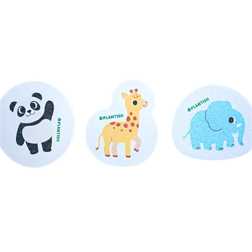 Plantish Endangered Species Pop Up Sponge featuring colorful elephant, giraffe, and panda designs made from cellulose