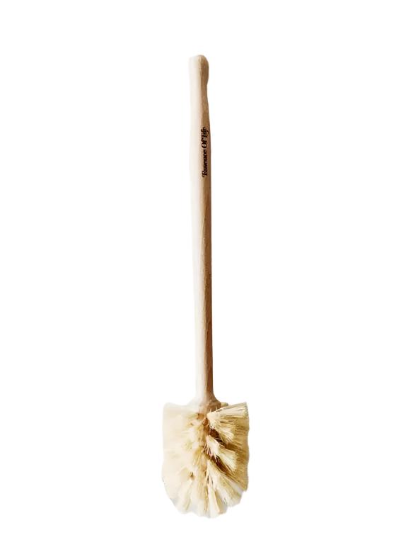 Essence of Life Organics compostable toilet brush with natural wooden handle in bathroom setting