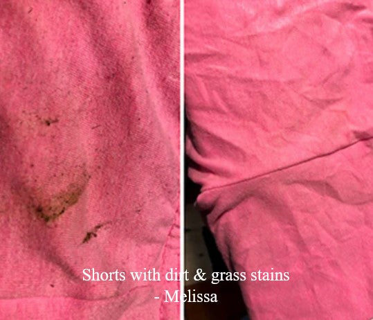 Before and after grass and dirt stain removal using etee concentrated laundry detergent powder, effective plastic-free laundry cleaner