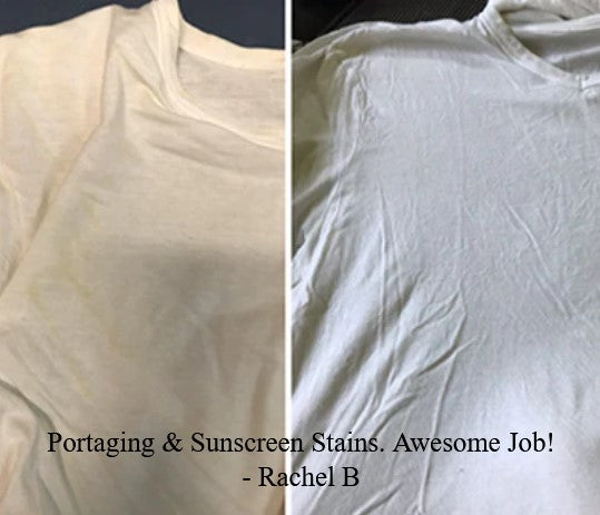 Before and after sunscreen and outdoor stains removed with etee laundry detergent concentrate powder, low-tox plastic-free laundry detergent