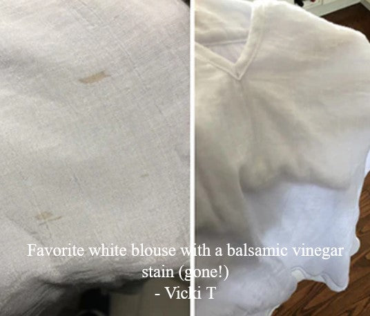 Before and after balsamic vinegar stain removal on white blouse using etee plastic-free laundry detergent powder