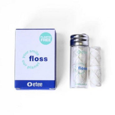 Etee plastic-free dental floss spool made of biodegradable corn-based PLA, white color, 30 meters length, textured smooth
