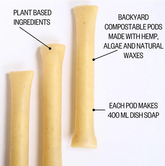 Clear plastic container displaying green dish soap concentrate with measuring markings and a yellow screw-top lid, angled