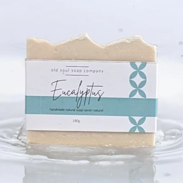 Eucalyptus-scented artisan soap bar by Old Soul Soap Company, handcrafted in Canada with natural ingredients, textured
