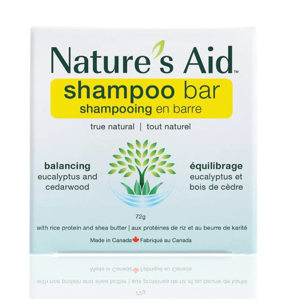 Nature's Aid balancing shampoo bar with eucalyptus and cedarwood essential oils, creamy texture, made in Canada, 3.5 oz