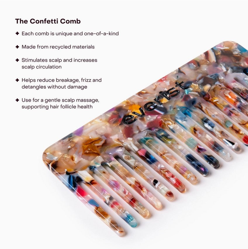 Close-up of the Everist Confetti Comb’s textured teeth with colorful, decorative confetti accents showcasing its playful
