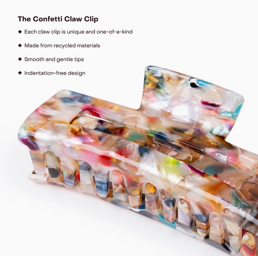 Close-up of the Everist Confetti Claw Clip's vibrant multicolor confetti pattern showing textured details and glossy finish.