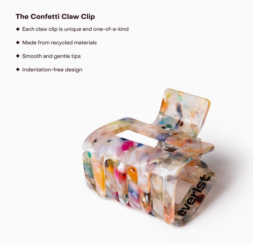 Close-up of the Everist Small Confetti Claw Clip showing colorful, textured confetti design with shiny metallic finish from