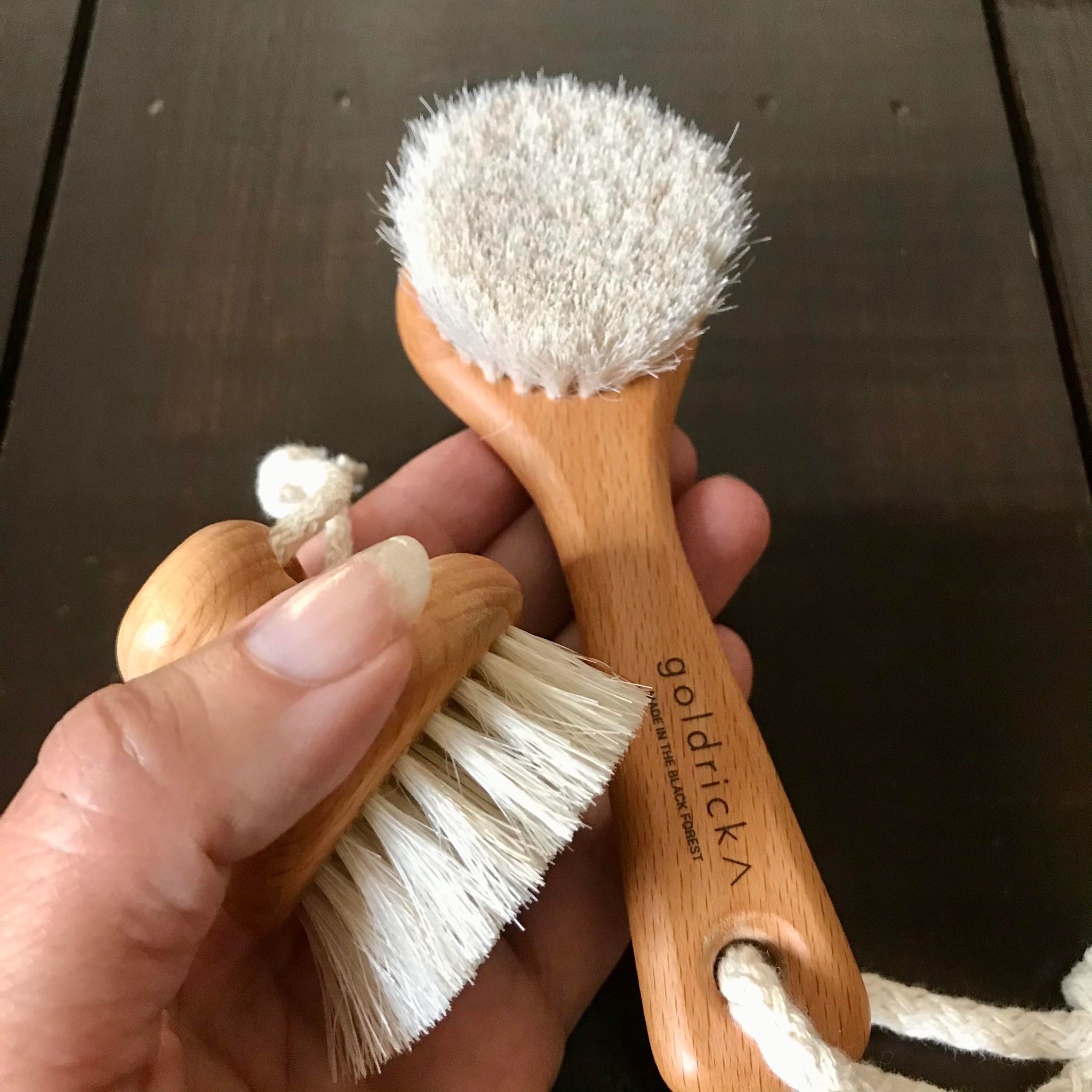 Goldrick Natural Living face brush with soft natural bristles, designed for gentle facial cleansing and exfoliation