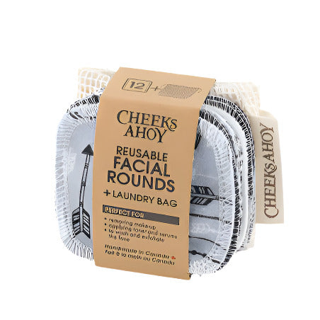 Cheeks Ahoy reusable facial rounds in monochrome black and white cotton, 3-inch diameter, soft textured makeup remover pads