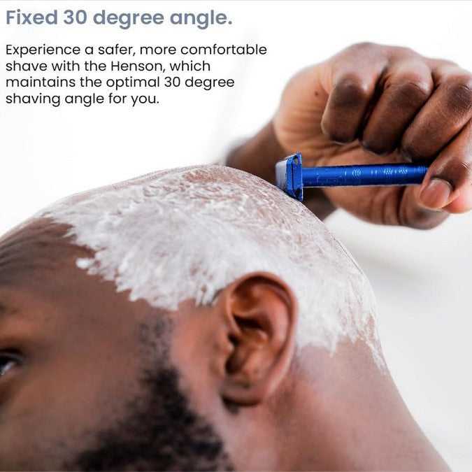 Close-up of the Henson AL13 Steel Blue razor handle’s textured grip surface and engraved logo detail.