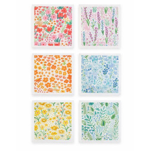 Colourful Nature Bee sponge cloth set of six featuring floral and bee patterns on reusable Swedish dishcloths for eco-friendly