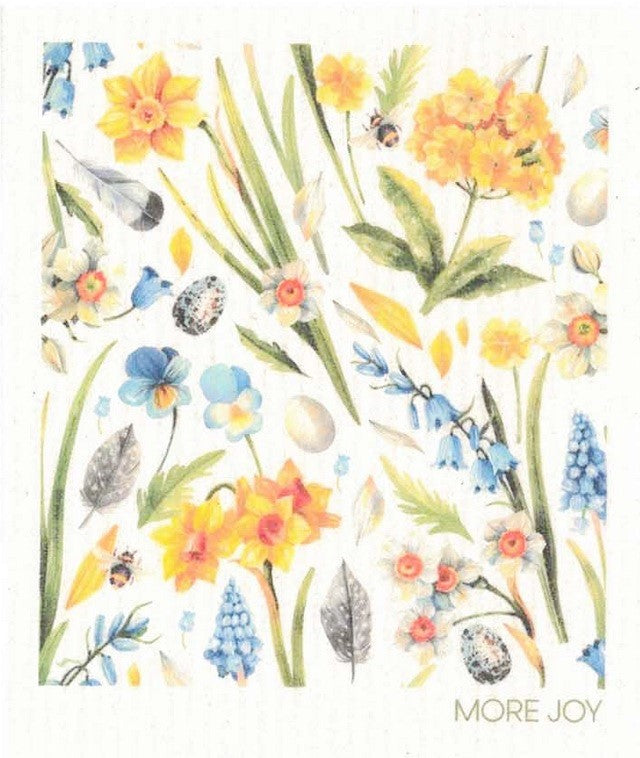 Flower Garden More Joy Swedish Dishcloth featuring vibrant spring floral print, cotton and cellulose blend, compact and