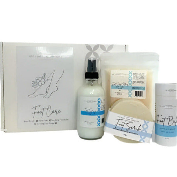 Old Soul Soap Company natural foot care gift set – Canadian made foot soak, foot spray, balm stick and handmade soap spa collection on white surface