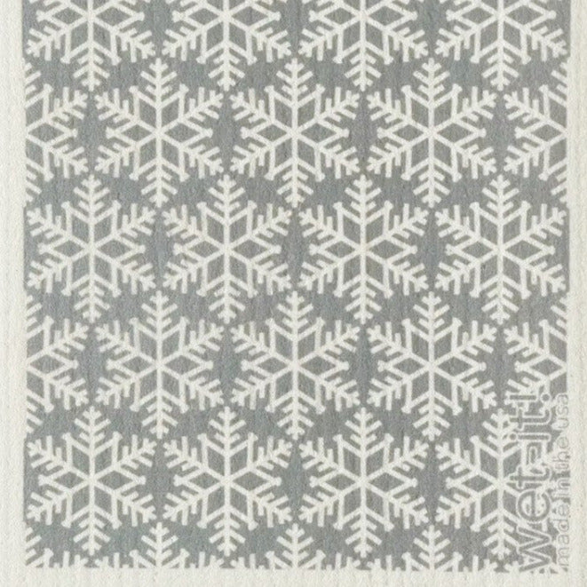 Frosted snowflake pattern on grey Wet It! Swedish dishcloth, 7x8 inches, textured cellulose and polyester material