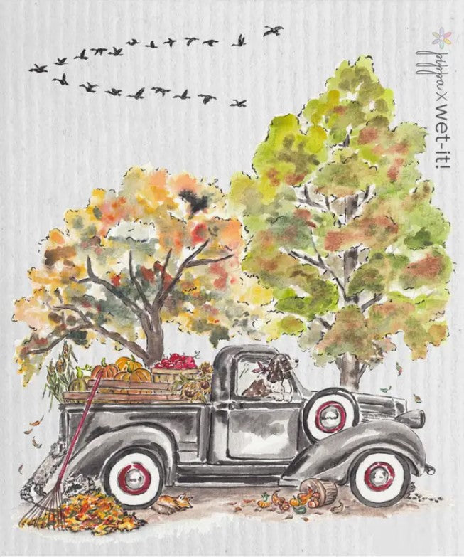 Wet It Cloths Fruitful Fall Swedish dishcloth featuring autumn leaf print, absorbent cellulose material, 10x8 inches