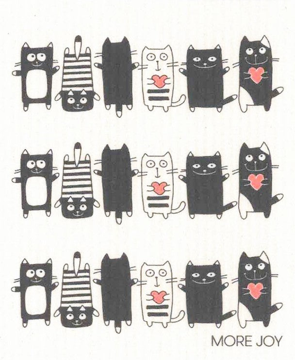 Funny Cats Swedish Dishcloth featuring cartoon cats in bright colors, biodegradable cellulose and cotton cleaning cloth from