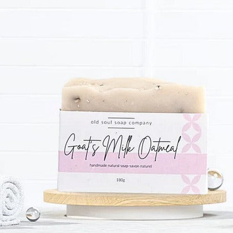 Handcrafted goats milk oatmeal artisan soap bar with creamy texture and natural oatmeal flecks, Old Soul Soap Company, made