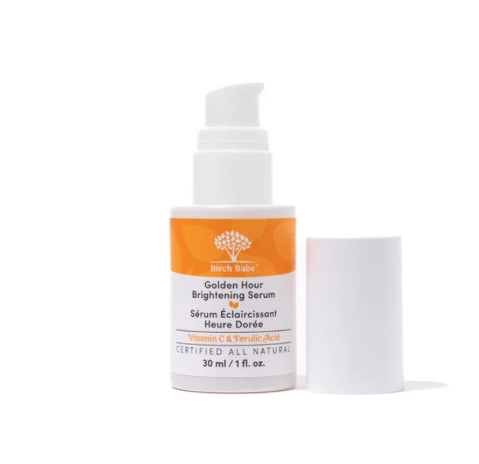 Birch Babe Golden Hour Brightening Serum in glass bottle with dropper, vitamin C formula, subtle citrus scent, smooth