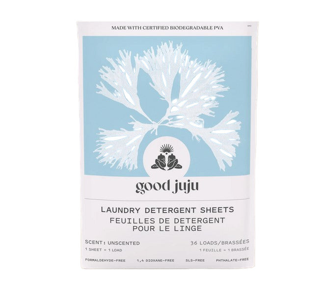 Good Juju Unscented laundry detergent sheets in white, textured eco-friendly strips, folded neatly in clear plastic packaging
