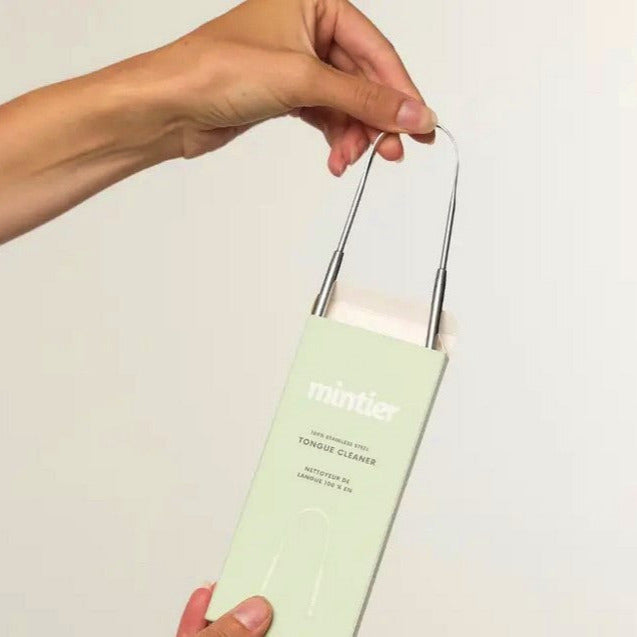 Close-up of the Mintier Tongue Cleaner’s textured silicone scraping edge with subtle ridges for effective cleaning, shown at