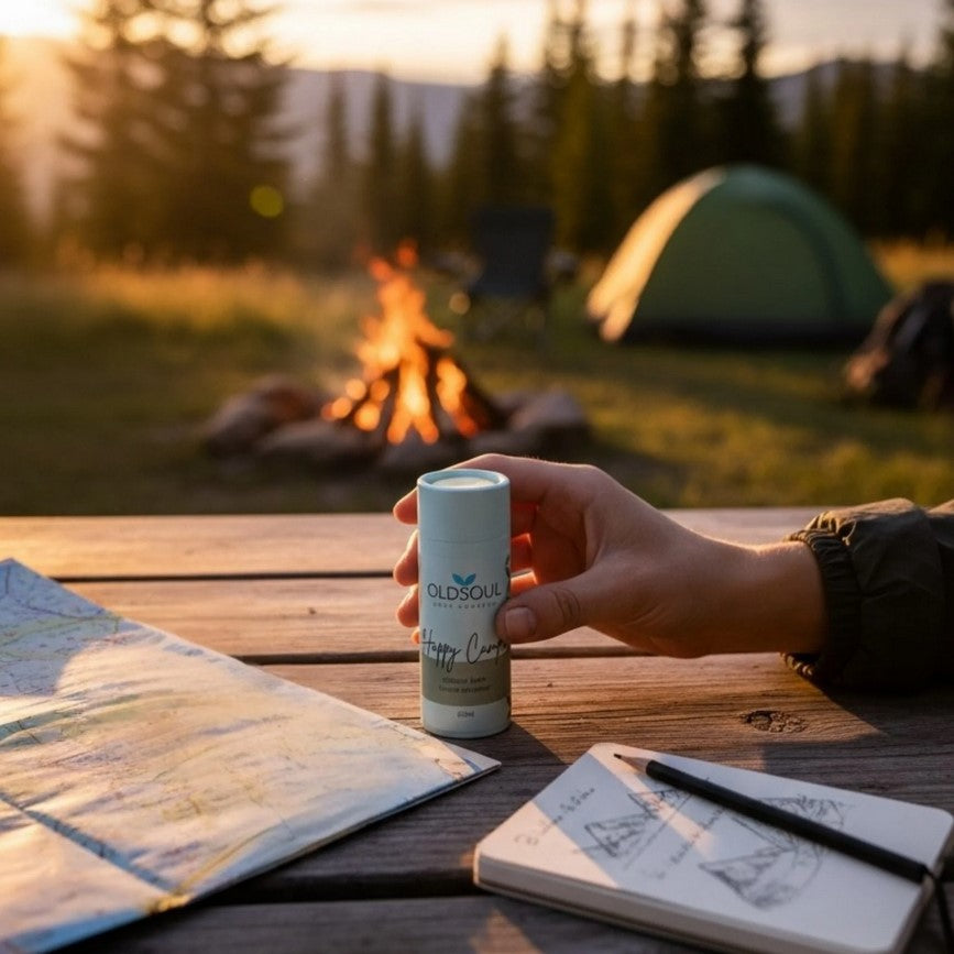 Hand holding a push up cardboard tube of Happy Camper natural insect repellent at a campsite with a fire and tent in the background