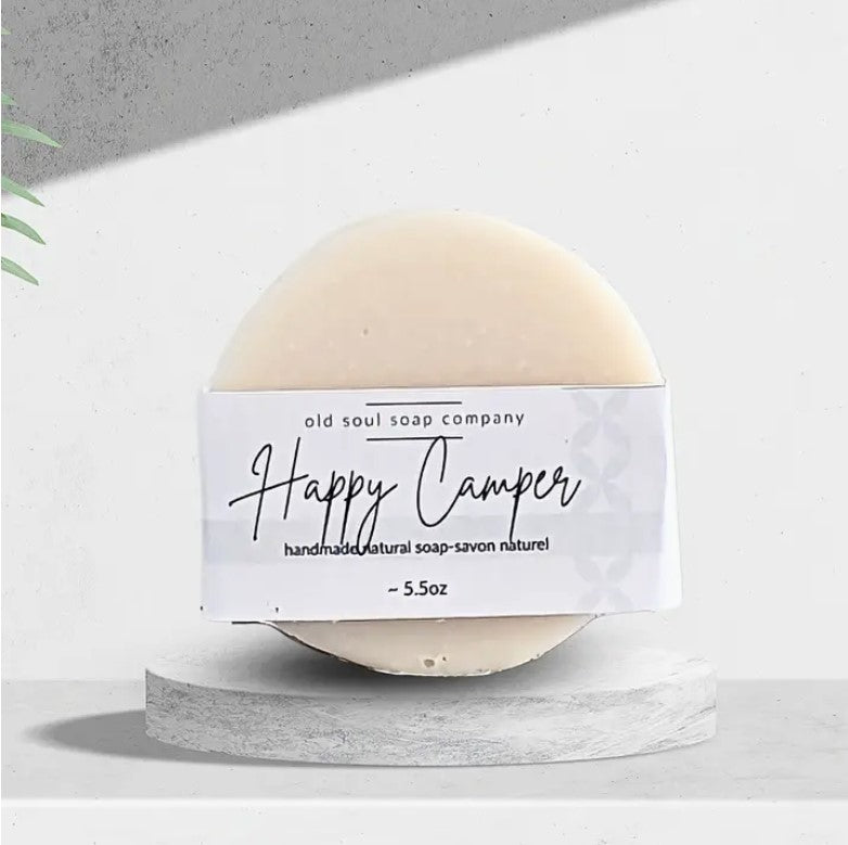 Happy Camper outdoor soap bar with bug-free, vegan formula, versatile for rugged terrain and weather-resistant outdoor