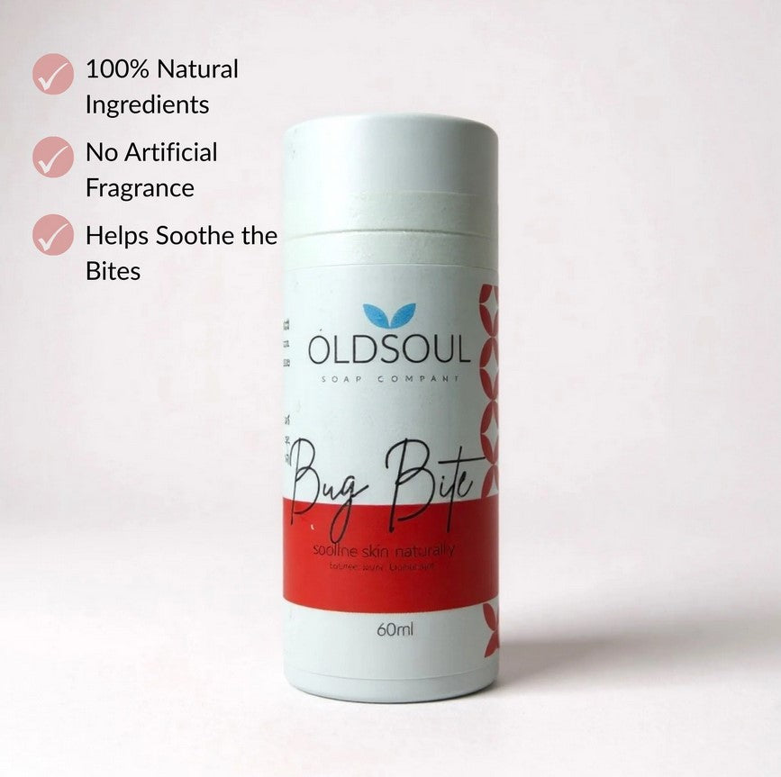 Bug Bite Balm natural insect bite relief stick by The Old Soul Soap Company with calendula and essential oils in eco-friendly cardboard tube made in Canada