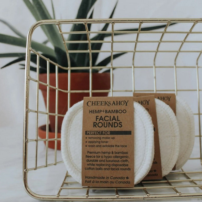 Cheeks Ahoy Hemp Bamboo Facial Rounds, reusable, soft, eco-friendly cleansing pads for all skin types, made in Canada, zero