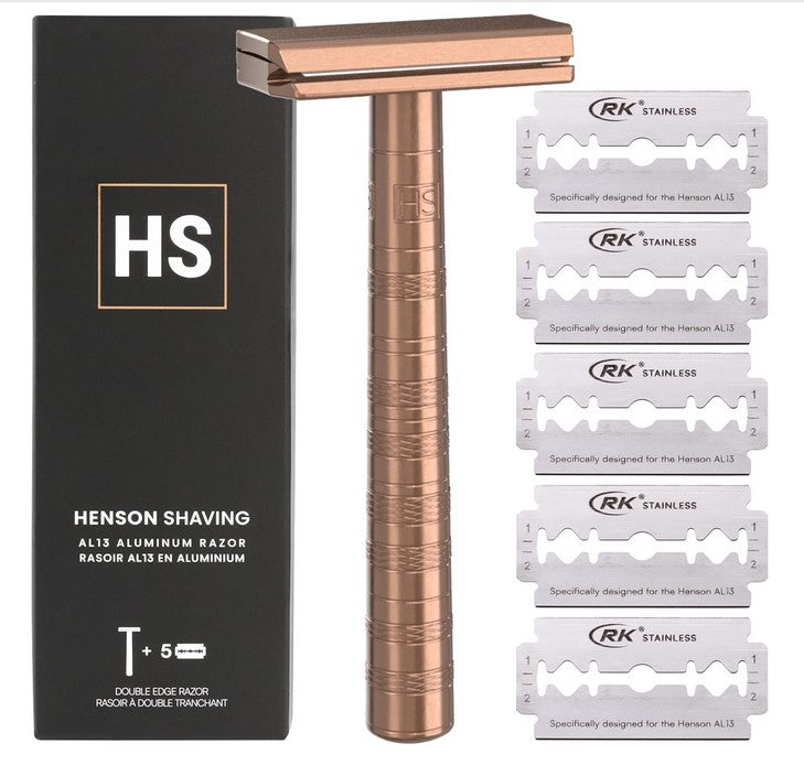 Henson Shave Henson Razor AL13 Copper with textured copper handle and closed-comb head, Canadian-made, 4.5-inch length