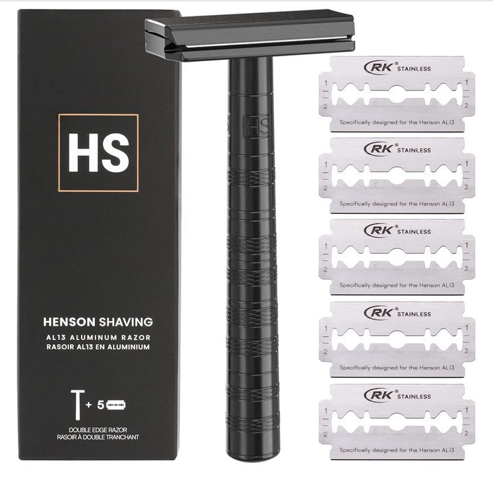 Henson Shave Henson Razor AL13 in jet black stainless steel with textured handle and precise safety blade edges