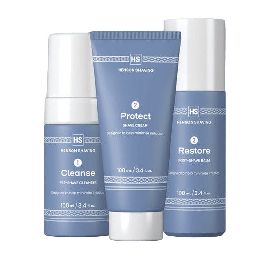 Henson Shaving Skincare Set featuring the Cleanse Pre-Shave Cleanser, Protect Shave Cream, and Restore Post-Shave Balm barber-formulated for a smoother, irritation-free shave