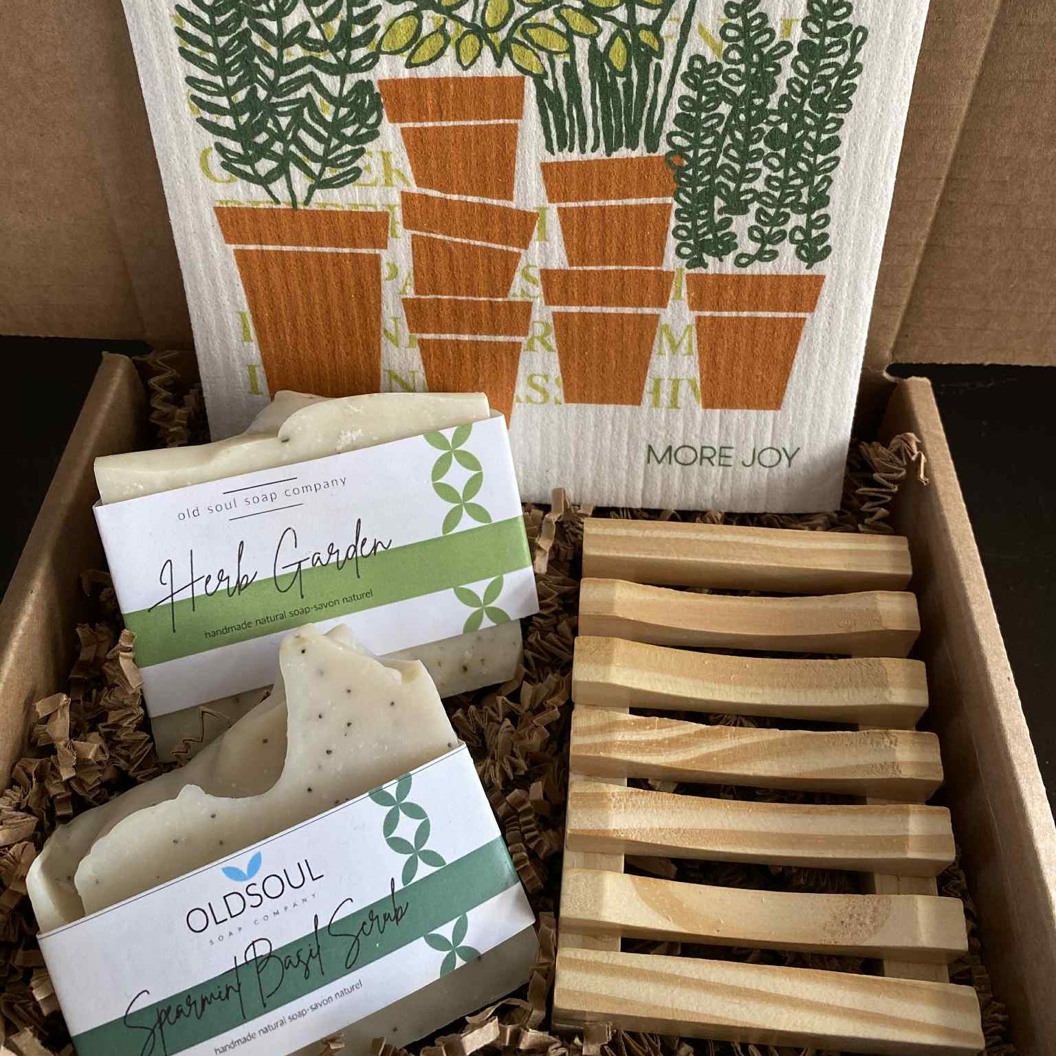 Herb Garden Gift Box with dried herbs, small glass jars, and wooden scoop from Old Soul Soap Company, Canadian-made eco gift