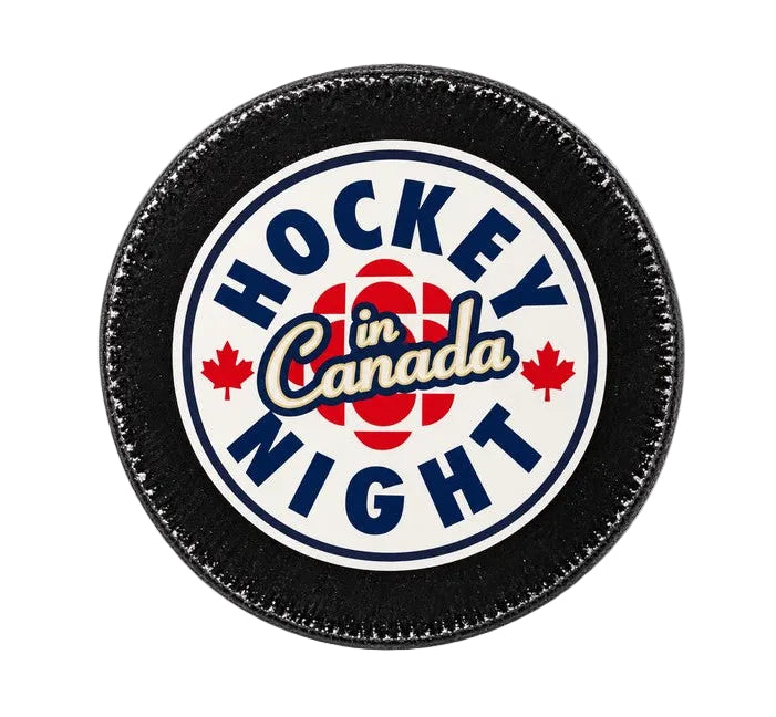 Hockey Night in Canada Classic Puck Soap featuring the iconic red, white and blue logo on a black hockey puck, handcrafted in Ontario by Old Soul Soap Company.
