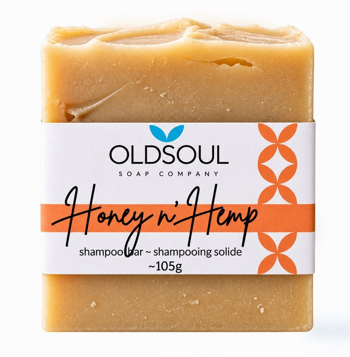 Old Soul Soap Company Honey n’ Hemp Shampoo Bar, 105g made in Canada is shown on a white background,