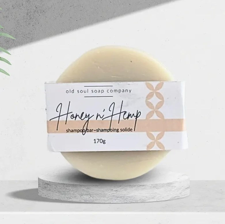 Honey n Hemp conditioning shampoo bar with aloe vera, moisturizing formula, in eco-friendly packaging by Old Soul Soap