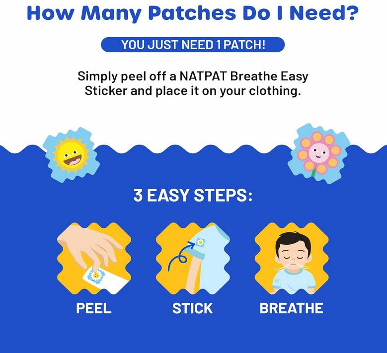 Close-up of the NATPAT StuffyPatch Breathe Easy Vapor Stickers showing textured surface and vibrant blue color on packaging