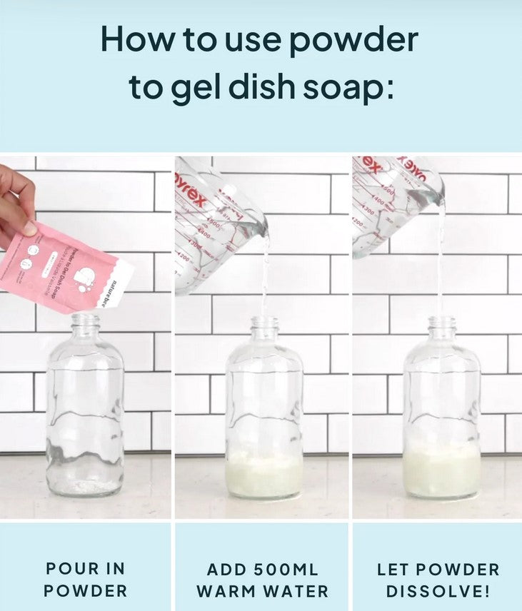 Close-up of the transparent gel texture of the unscented powder-to-gel dish soap in clear packaging, highlighting smooth