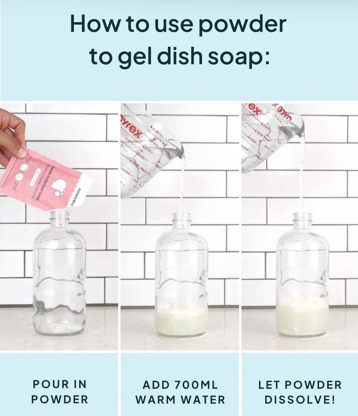 Close-up of the Powder to Gel Dish Soap Coastal Mist label showing textured surface and vibrant coastal blue color