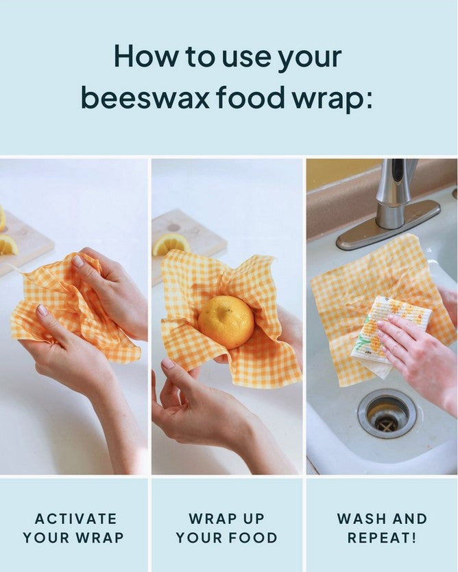 Close-up of the colorful beeswax wraps showing textured, hand-crafted patterns and vibrant yellow tones in a flat-lay