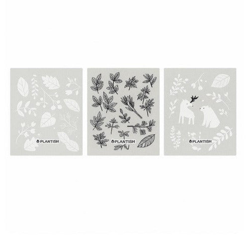 Plantish Into the Woods Swedish sponge cloth set with three colorful, textured dishcloths in blue, green, and yellow, made