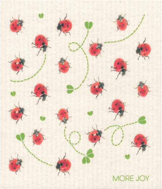 Lady Bugs More Joy Swedish dishcloth featuring colorful ladybug design, biodegradable cellulose and cotton material, 6x8